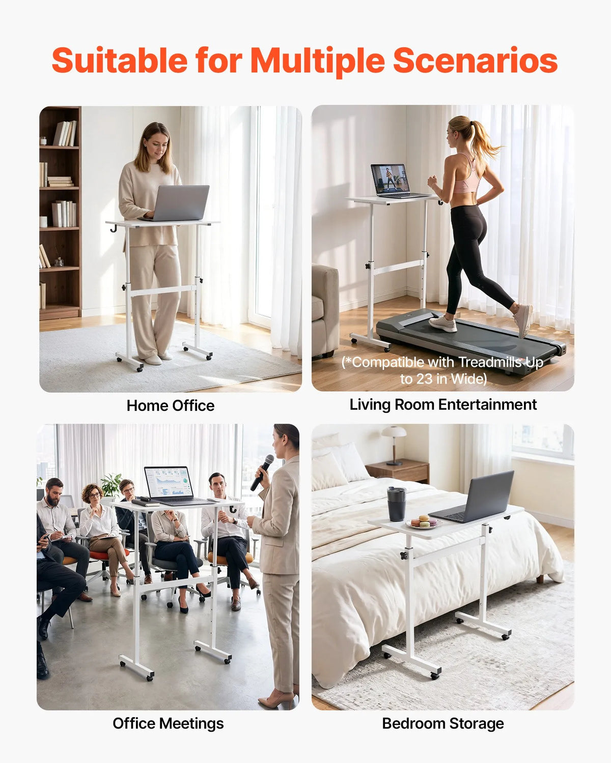 VEVOR mobilais sēdus-stāvus darba galds ar regulējamu augstumu, bloķējamiem riteņiem, āķi un 25 kg slodzi, 810 × 410 mm, balts