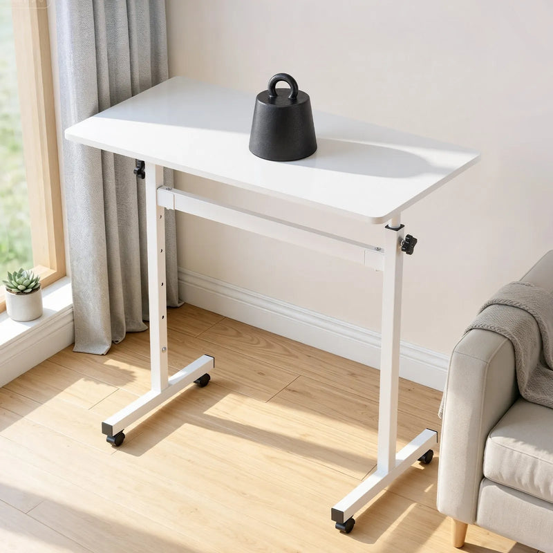 VEVOR mobilais sēdus-stāvus darba galds ar regulējamu augstumu, bloķējamiem riteņiem, āķi un 25 kg slodzi, 810 × 410 mm, balts