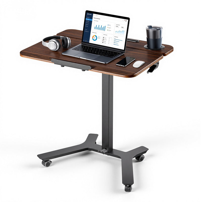 VEVOR mobilais stāvgalds ar regulējamu augstumu un noliecamu 71,5 × 52,5 cm virsmu, pneimatisku kājas pedāli un 15 kg kravnesību