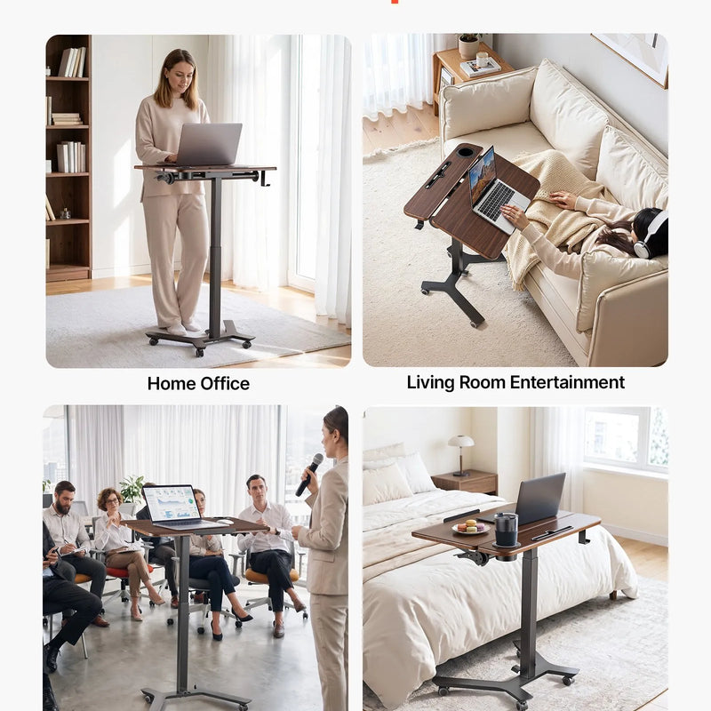 VEVOR mobilais stāvgalds ar regulējamu augstumu un noliecamu 71,5 × 52,5 cm virsmu, pneimatisku kājas pedāli un 15 kg kravnesību
