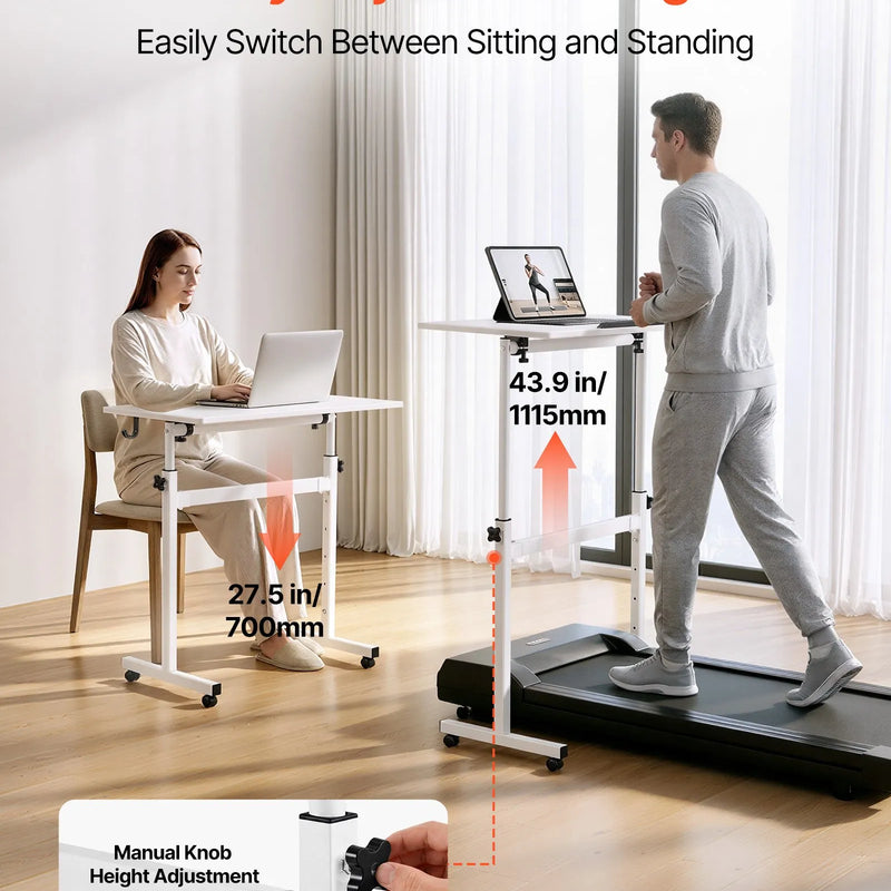 VEVOR mobilais sēdus-stāvus darba galds ar regulējamu augstumu, 360° grozāmu virsmu, āķi, bloķējamiem riteņiem un 25 kg nestspēju, 810 × 410 mm