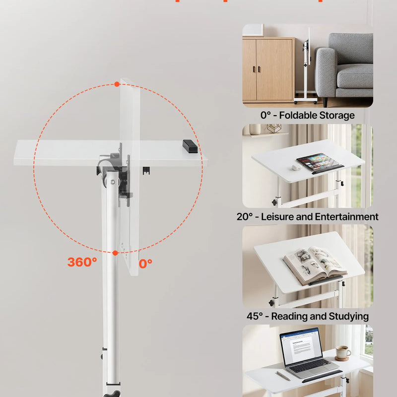 VEVOR mobilais sēdus-stāvus darba galds ar regulējamu augstumu, 360° grozāmu virsmu, āķi, bloķējamiem riteņiem un 25 kg nestspēju, 810 × 410 mm