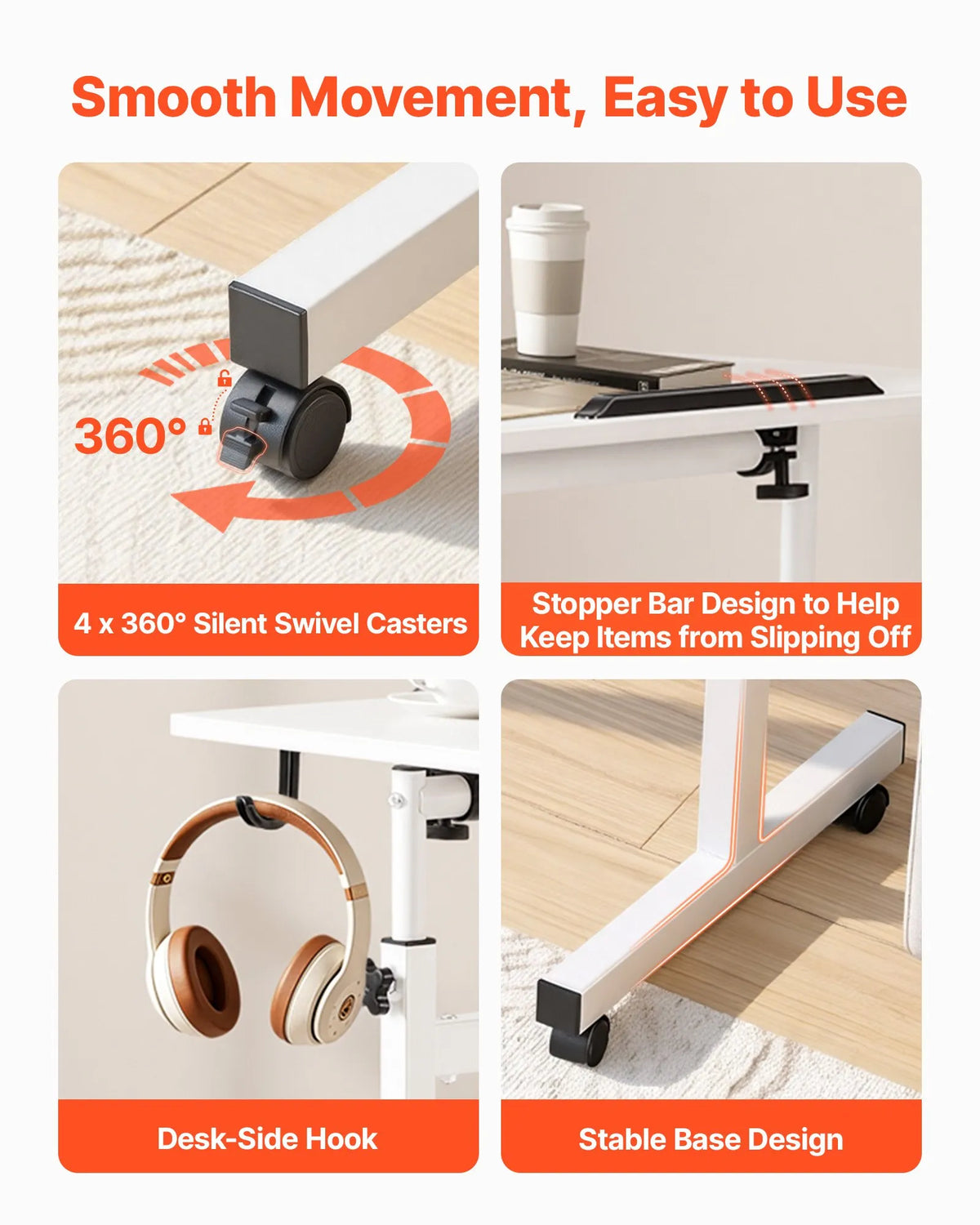 VEVOR Mobile Sit-Stand Work Table with Adjustable Height, 360° Rotating Surface, Hooks, Lockable Wheels and 25 kg Load Capacity, 810 × 410 mm