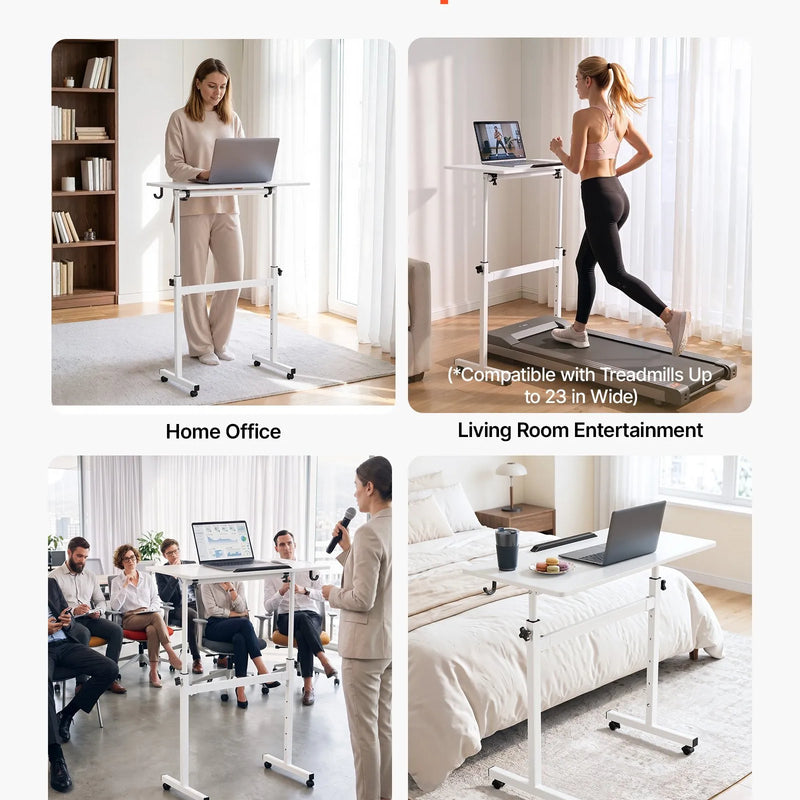 VEVOR mobilais sēdus-stāvus darba galds ar regulējamu augstumu, 360° grozāmu virsmu, āķi, bloķējamiem riteņiem un 25 kg nestspēju, 810 × 410 mm