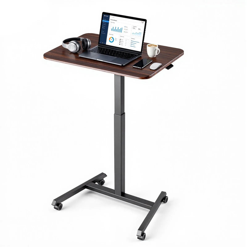 VEVOR mobilais sēdus-stāvus darba galds ar regulējamu augstumu, 4 riteņiem, āķi un 15 kg nestspēju, 650 × 480 mm, brūns