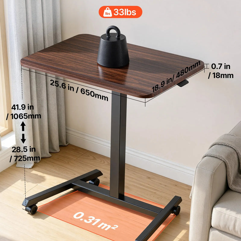 VEVOR mobilais sēdus-stāvus darba galds ar regulējamu augstumu, 4 riteņiem, āķi un 15 kg nestspēju, 650 × 480 mm, brūns