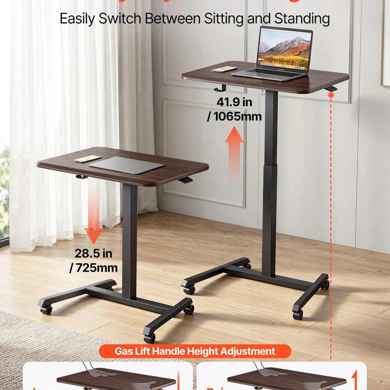 VEVOR mobilais sēdus-stāvus darba galds ar regulējamu augstumu, 4 riteņiem, āķi un 15 kg nestspēju, 650 × 480 mm, brūns