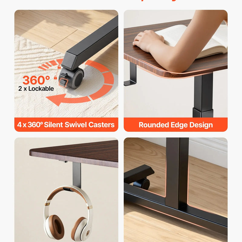 VEVOR mobilais sēdus-stāvus darba galds ar regulējamu augstumu, 4 riteņiem, āķi un 15 kg nestspēju, 650 × 480 mm, brūns