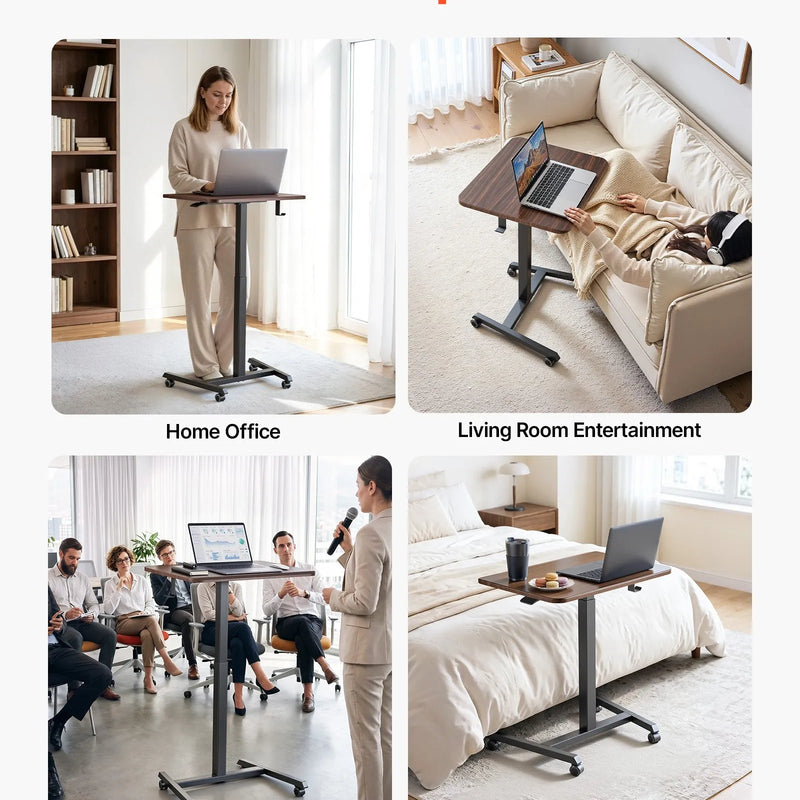 VEVOR mobilais sēdus-stāvus darba galds ar regulējamu augstumu, 4 riteņiem, āķi un 15 kg nestspēju, 650 × 480 mm, brūns