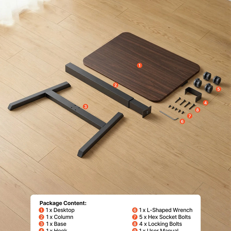 VEVOR mobilais sēdus-stāvus darba galds ar regulējamu augstumu, 4 riteņiem, āķi un 15 kg nestspēju, 650 × 480 mm, brūns