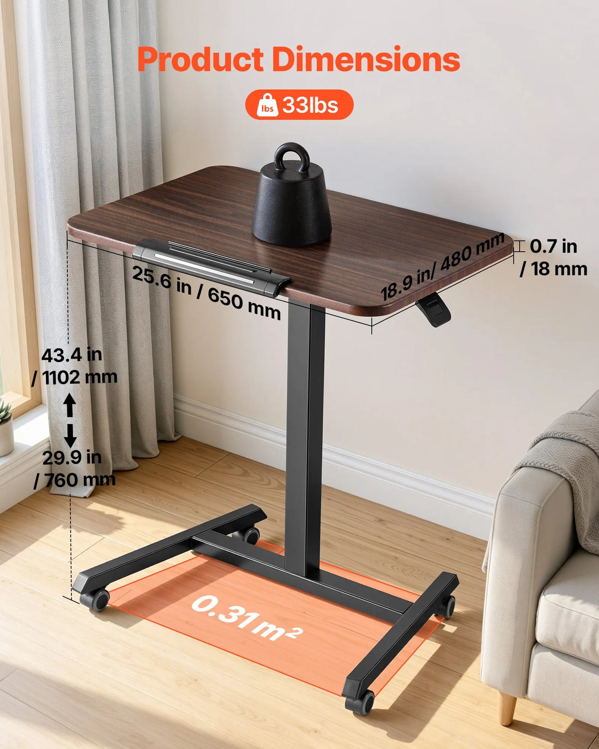 VEVOR Mobile Sit-Stand Work Table with Adjustable Height, Tilting Surface, 4 Wheels and 15 kg Load Capacity, 650 × 480 mm