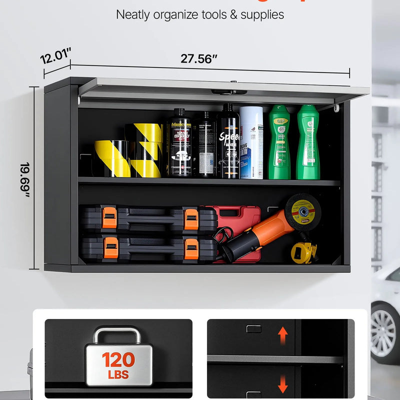 Metāla sienas skapis ar plauktu un augšup veramām durvīm, 77 × 30,5 × 50 cm, 108,9 kg kravnesība, piemērots garāžai, pagrabam, virtuvei un noliktavai (nepieciešama montāža)