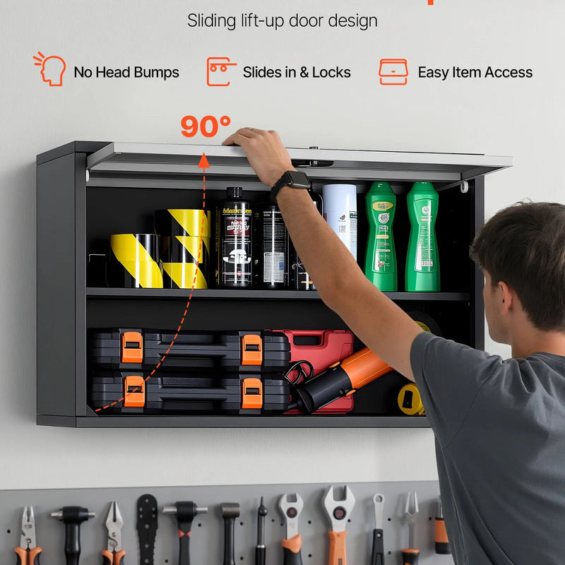 Metāla sienas skapis ar plauktu un augšup veramām durvīm, 77 × 30,5 × 50 cm, 108,9 kg kravnesība, piemērots garāžai, pagrabam, virtuvei un noliktavai (nepieciešama montāža)