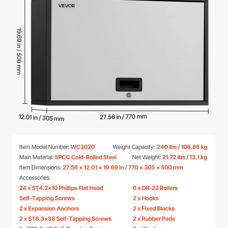 Metāla sienas skapis ar plauktu un augšup veramām durvīm, 77 × 30,5 × 50 cm, 108,9 kg kravnesība, piemērots garāžai, pagrabam, virtuvei un noliktavai (nepieciešama montāža)