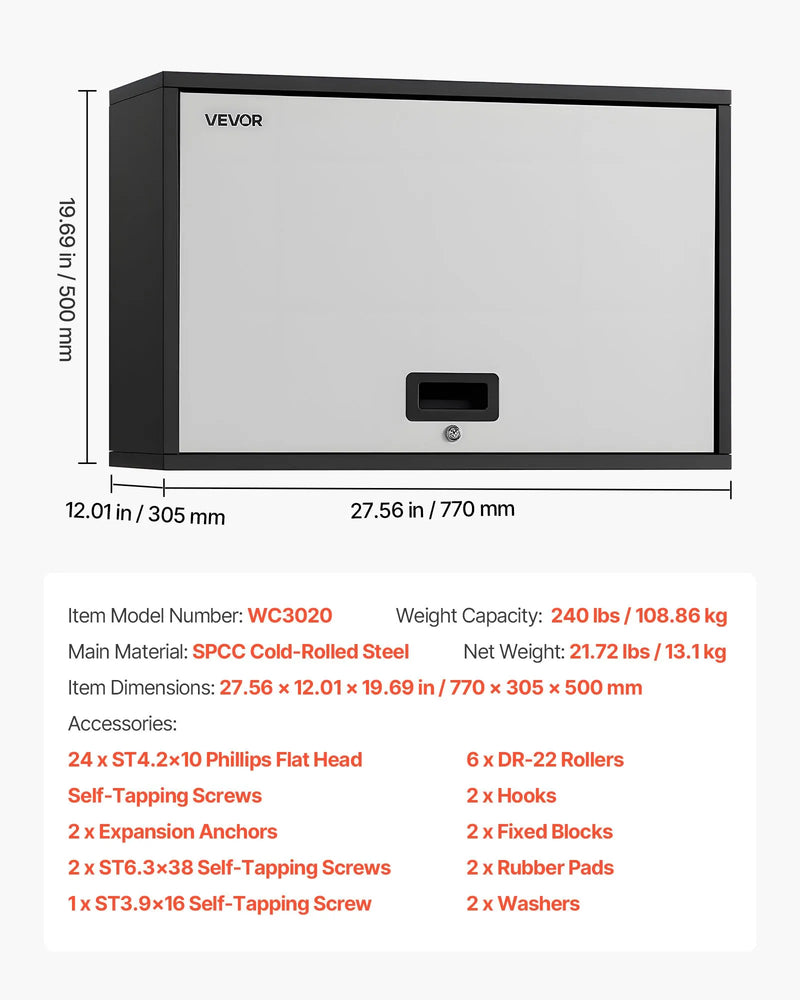 Metāla sienas skapis ar plauktu un augšup veramām durvīm, 77 × 30,5 × 50 cm, 108,9 kg kravnesība, piemērots garāžai, pagrabam, virtuvei un noliktavai (nepieciešama montāža)