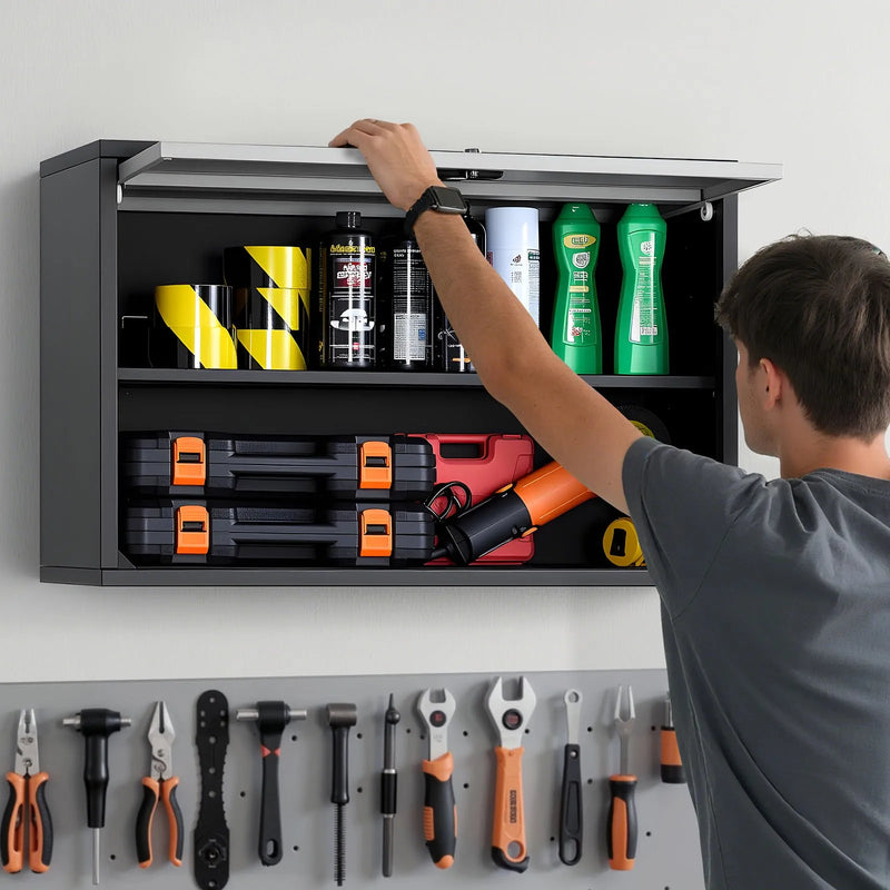 Metāla sienas skapis ar plauktu un augšup veramām durvīm, 77 × 30,5 × 50 cm, 108,9 kg kravnesība, piemērots garāžai, pagrabam, virtuvei un noliktavai (nepieciešama montāža)