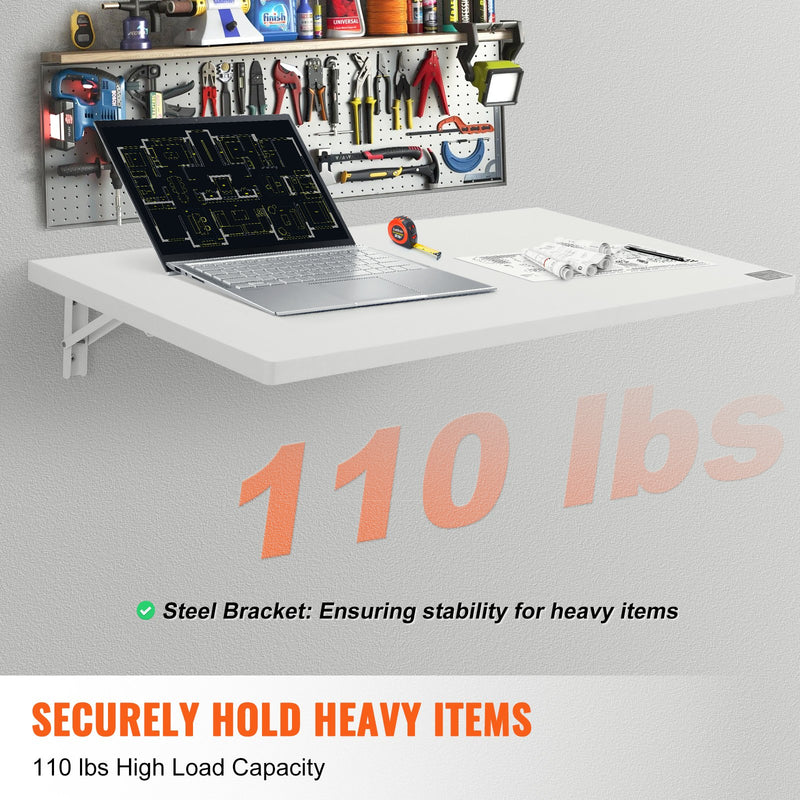VEVOR pie sienas stiprināms salokāms galds, 900 × 500 mm, ar metāla kronšteinu, nolaižams galds kompaktām telpām, piemērots mājas birojam, ēdamzonai, veļas telpai, virtuvei un bāram, balts
