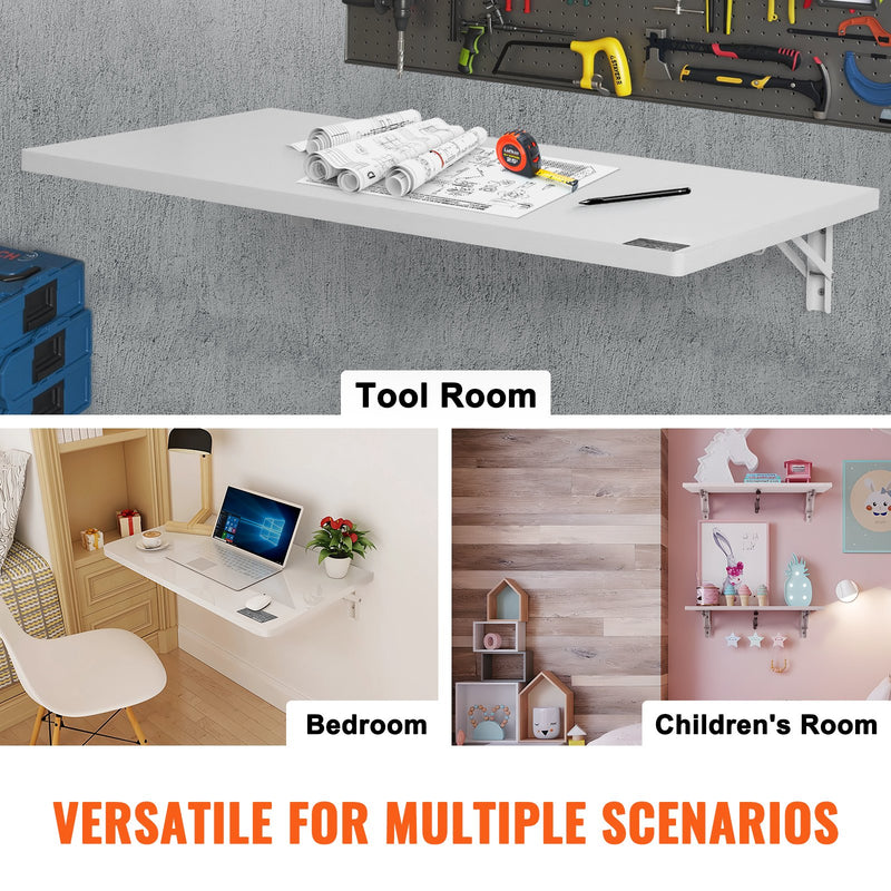 VEVOR pie sienas stiprināms salokāms galds, 900 × 500 mm, ar metāla kronšteinu, nolaižams galds kompaktām telpām, piemērots mājas birojam, ēdamzonai, veļas telpai, virtuvei un bāram, balts
