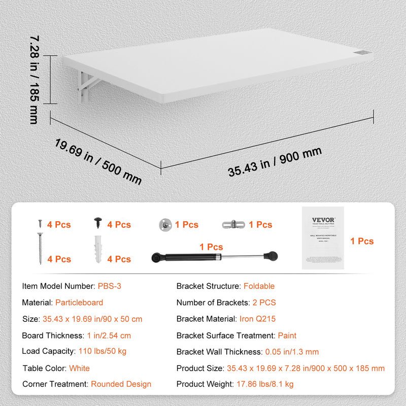 VEVOR pie sienas stiprināms salokāms galds, 900 × 500 mm, ar metāla kronšteinu, nolaižams galds kompaktām telpām, piemērots mājas birojam, ēdamzonai, veļas telpai, virtuvei un bāram, balts