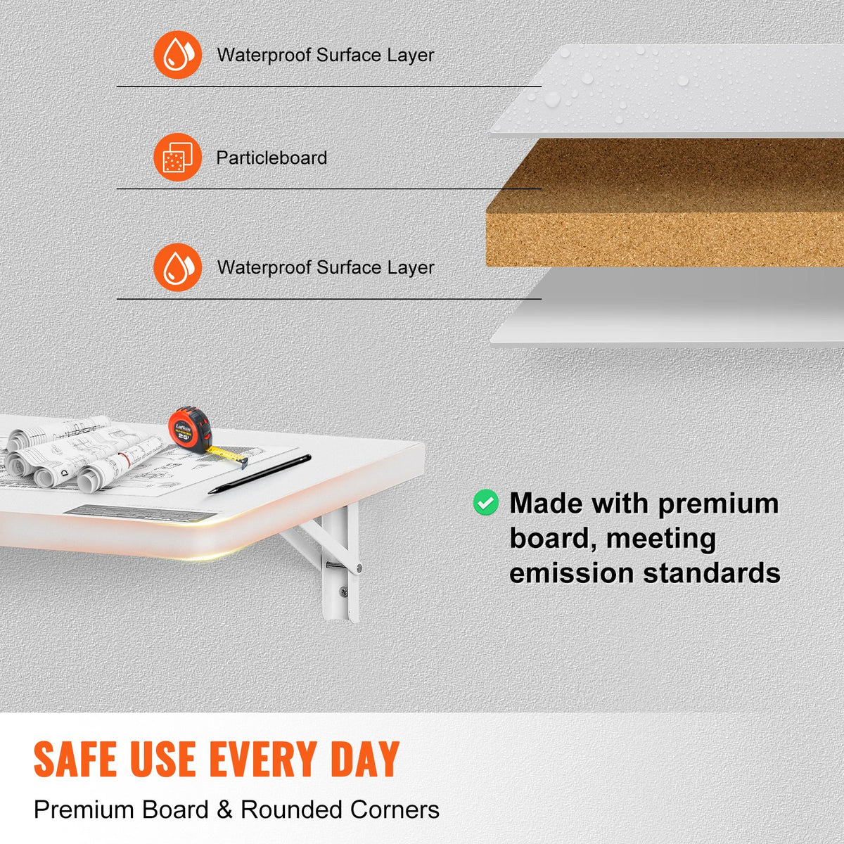 VEVOR pie sienas stiprināms salokāms galds, 800 × 400 mm, ar metāla kronšteinu, nolaižams galds kompaktām telpām, piemērots mājas birojam, ēdamzonai, veļas telpai, virtuvei un bāram, balts