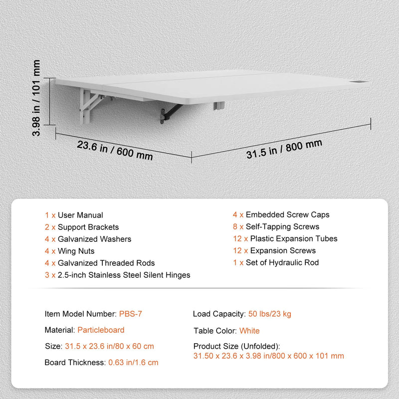 VEVOR pie sienas stiprināms nolokāms galds, 800 × 600 mm, portatīvajam datoram, mājas birojam