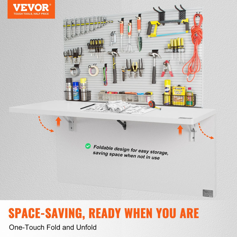 VEVOR pie sienas stiprināms salokāms galds, 1000 × 500 mm, ar metāla kronšteinu, nolaižams galds kompaktām telpām, piemērots mājas birojam, ēdamzonai, veļas telpai, virtuvei un bāram, balts