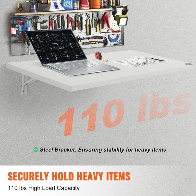 VEVOR pie sienas stiprināms salokāms galds, 1000 × 500 mm, ar metāla kronšteinu, nolaižams galds kompaktām telpām, piemērots mājas birojam, ēdamzonai, veļas telpai, virtuvei un bāram, balts