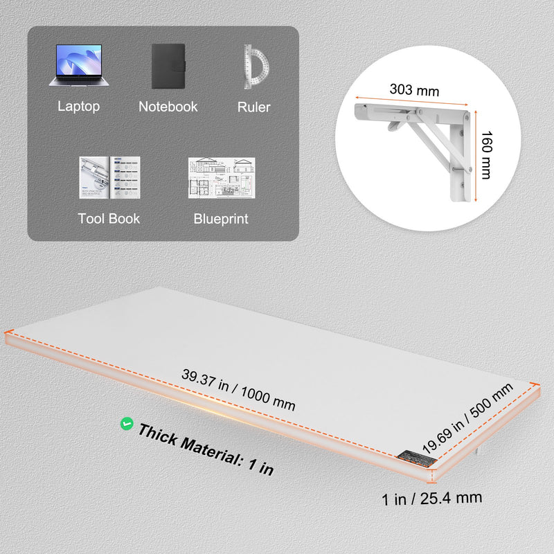 VEVOR pie sienas stiprināms salokāms galds, 1000 × 500 mm, ar metāla kronšteinu, nolaižams galds kompaktām telpām, piemērots mājas birojam, ēdamzonai, veļas telpai, virtuvei un bāram, balts