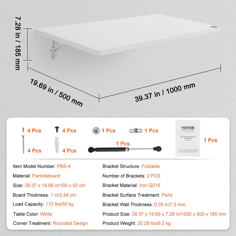 VEVOR pie sienas stiprināms salokāms galds, 1000 × 500 mm, ar metāla kronšteinu, nolaižams galds kompaktām telpām, piemērots mājas birojam, ēdamzonai, veļas telpai, virtuvei un bāram, balts