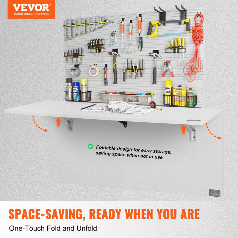 VEVOR pie sienas stiprināms salokāms galds 110 × 46 cm ar metāla kronšteinu, balta krāsa, piemērots mazām telpām — mājas birojam, ēdamzonai, veļas telpai, virtuvei vai bāram