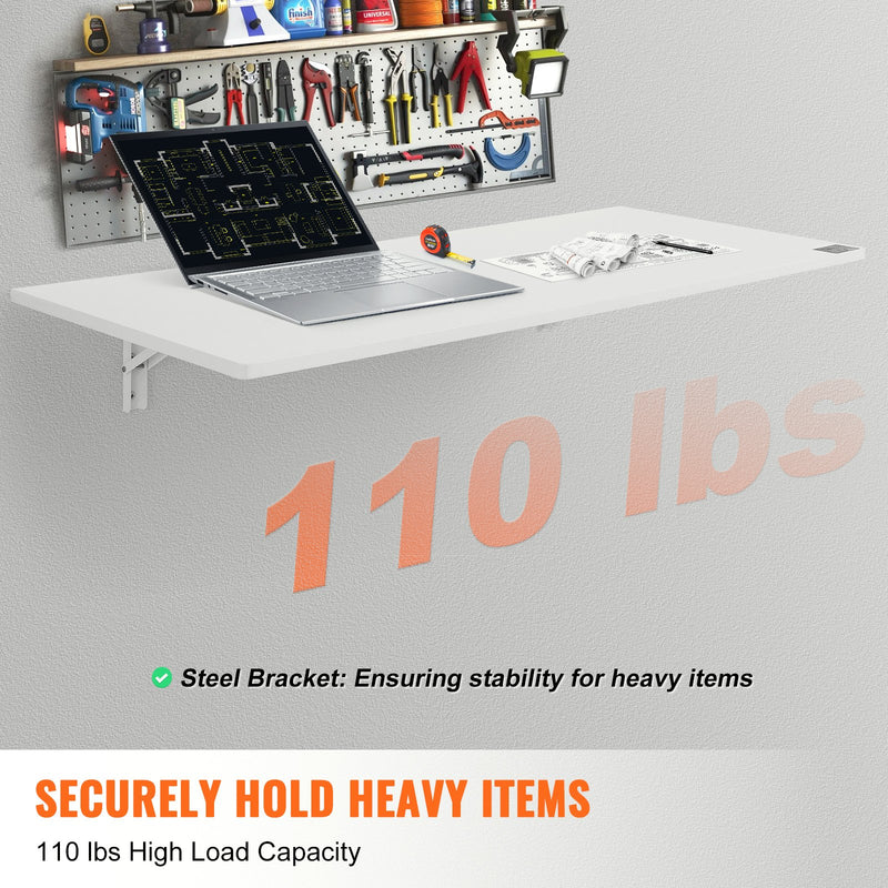 VEVOR pie sienas stiprināms salokāms galds 110 × 46 cm ar metāla kronšteinu, balta krāsa, piemērots mazām telpām — mājas birojam, ēdamzonai, veļas telpai, virtuvei vai bāram