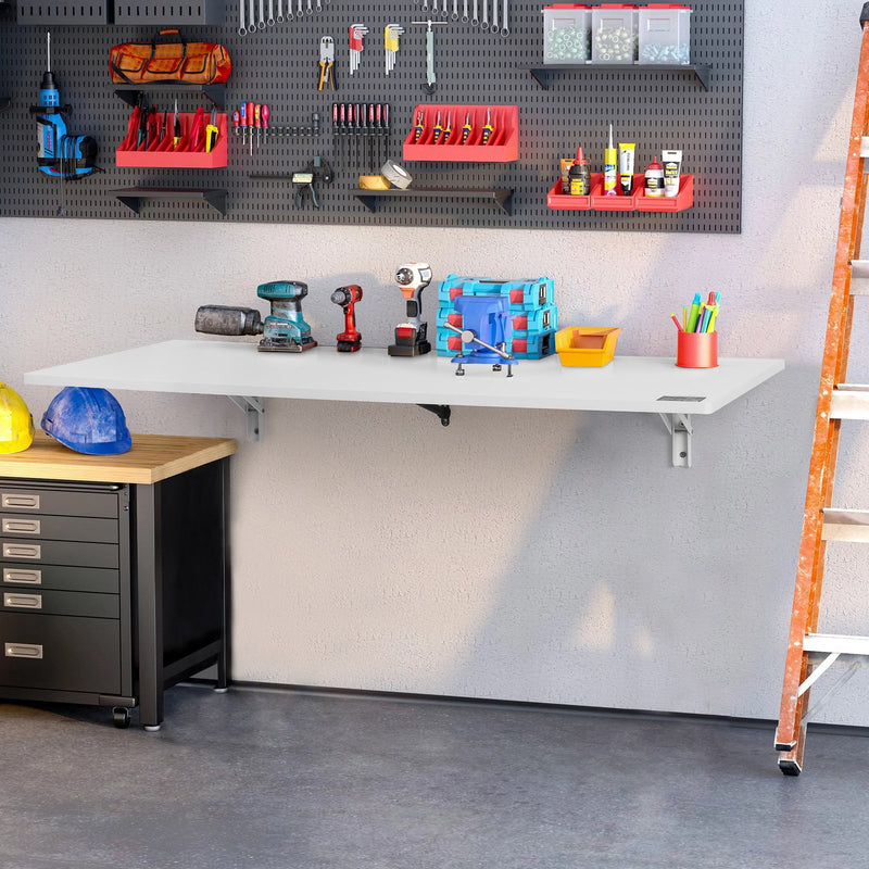 VEVOR pie sienas stiprināms salokāms galds 110 × 46 cm ar metāla kronšteinu, balta krāsa, piemērots mazām telpām — mājas birojam, ēdamzonai, veļas telpai, virtuvei vai bāram