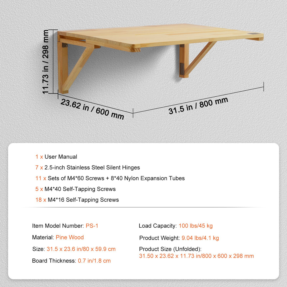 VEVOR pie sienas stiprināms nolokāmais galds, 800 × 600 mm, portatīvajam datoram, mājas birojam