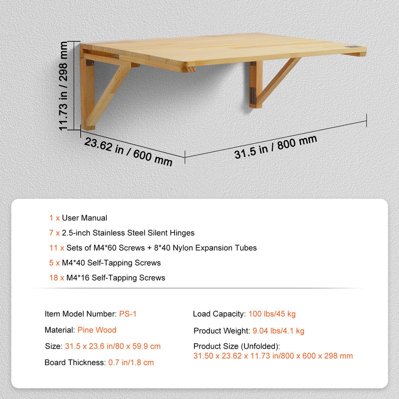 VEVOR pie sienas stiprināms nolokāmais galds, 800 × 600 mm, portatīvajam datoram, mājas birojam
