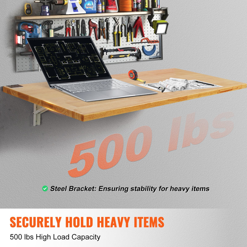 VEVOR pie sienas stiprināms salokāms galds, 1200 × 500 mm, ar metāla kronšteinu, nolaižams galds kompaktām telpām, piemērots mājas birojam, ēdamzonai, veļas telpai, virtuvei un bāram, gaiši brūns