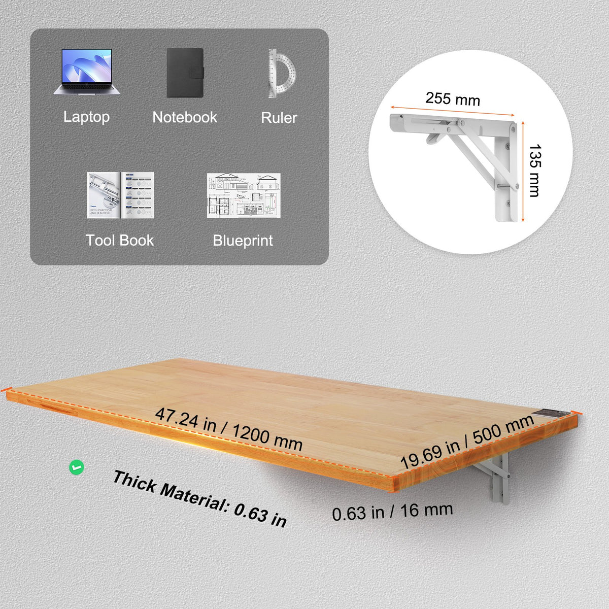 VEVOR pie sienas stiprināms salokāms galds, 1200 × 500 mm, ar metāla kronšteinu, nolaižams galds kompaktām telpām, piemērots mājas birojam, ēdamzonai, veļas telpai, virtuvei un bāram, gaiši brūns