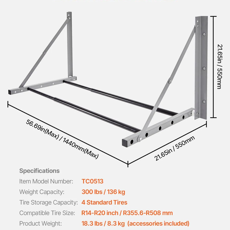 Sienas stiprināms salokāms riepu plaukts, regulējams 81–122 cm