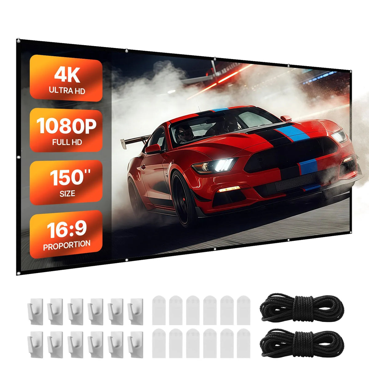 VEVOR 381 cm 16:9 4K 1080 HD Wall-Mounted Projection Screen with 12 Hooks and Double-Sided Adhesive Tape, Portable Canvas Screen for Home Cinema, Office or Family Use