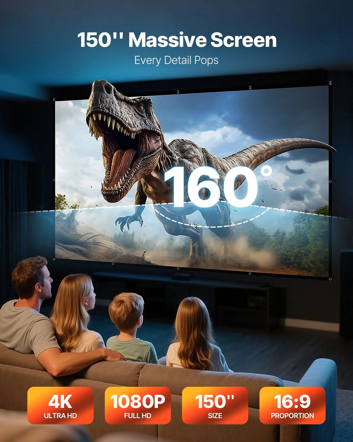 VEVOR 381 cm 16:9 4K 1080 HD Wall-Mounted Projection Screen with 12 Hooks and Double-Sided Adhesive Tape, Portable Canvas Screen for Home Cinema, Office or Family Use