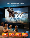 VEVOR 381 cm 16:9 4K 1080 HD sienas stiprināma projekcijas ekrāns ar 12 āķiem un abpusējām līmlentēm, pārnēsājams audekla ekrāns mājas kinozālei, birojam vai ģimenes lietošanai