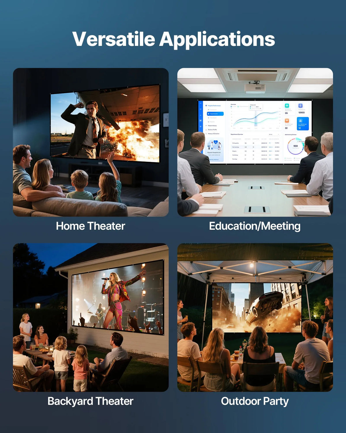 VEVOR 381 cm 16:9 4K 1080 HD Wall-Mounted Projection Screen with 12 Hooks and Double-Sided Adhesive Tape, Portable Canvas Screen for Home Cinema, Office or Family Use