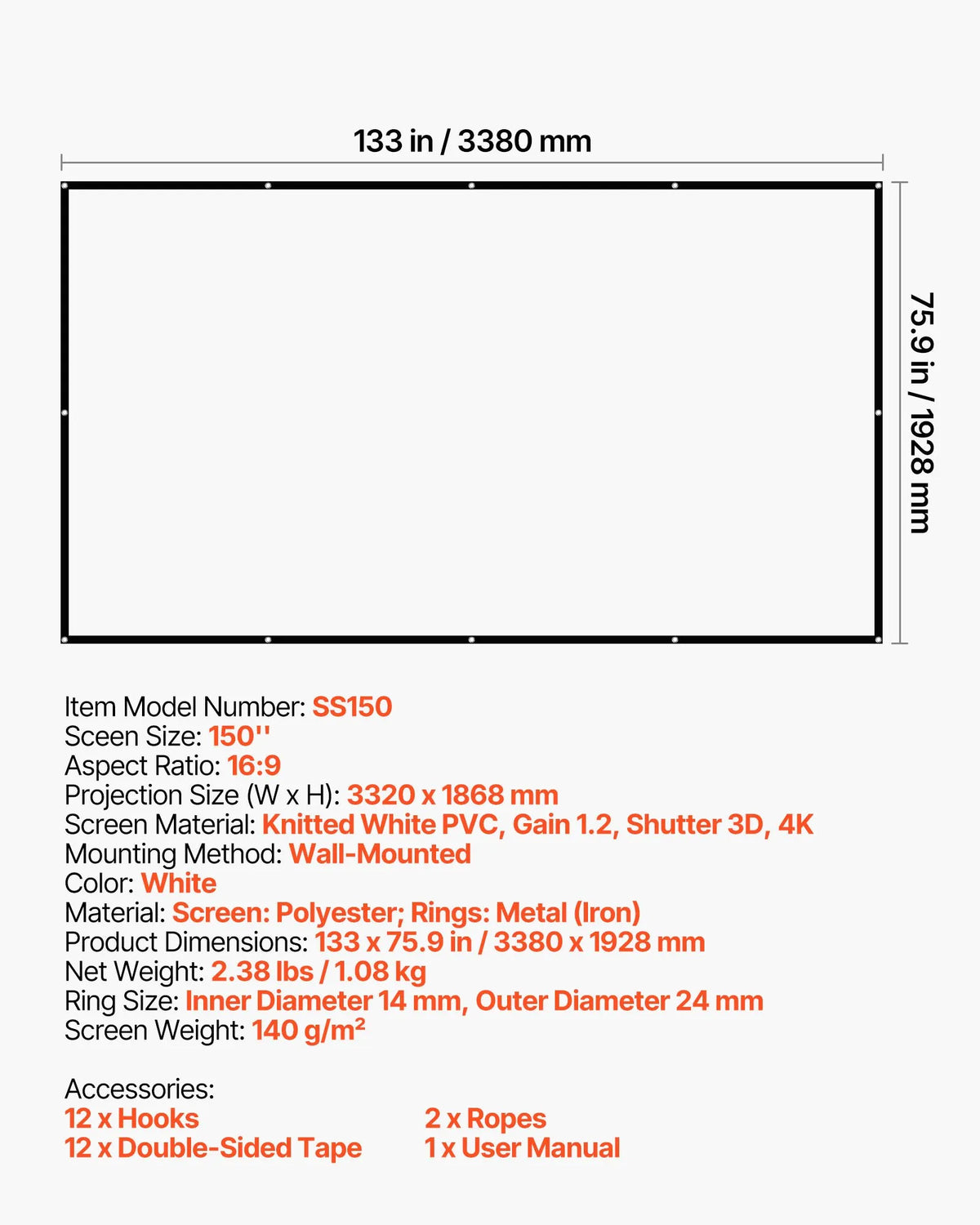 VEVOR 381 cm 16:9 4K 1080 HD Wall-Mounted Projection Screen with 12 Hooks and Double-Sided Adhesive Tape, Portable Canvas Screen for Home Cinema, Office or Family Use