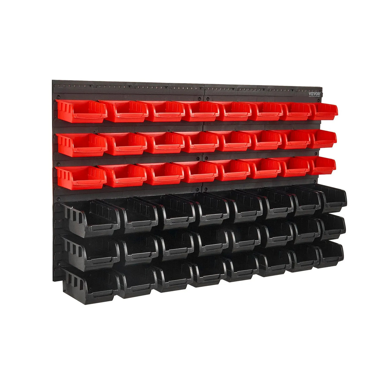 VEVOR Wall-Mounted Storage Bin Organiser with 48 Containers, Plastic Parts Rack with Wall Panels for Workshop and Garage, Suitable for Screws, Nuts, Nails, Buttons, Beads and Other Small Parts, Black/Red