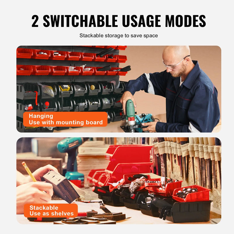 VEVOR pie sienas stiprināms uzglabāšanas kārbu organizators ar 48 konteineriem, plastmasas detaļu plaukts ar sienas paneļiem darbnīcai un garāžai, piemērots skrūvēm, uzgriežņiem, naglām, pogām, pērlītēm un citām sīkām detaļām, melns/sarkans