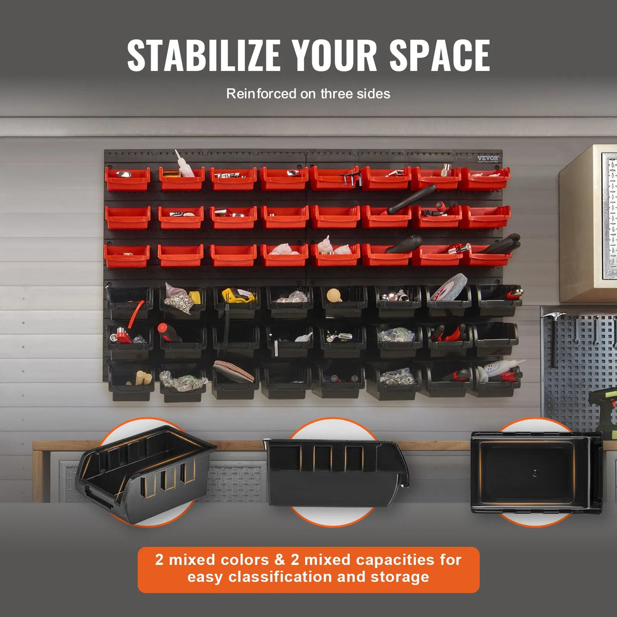 VEVOR Wall-Mounted Storage Bin Organiser with 48 Containers, Plastic Parts Rack with Wall Panels for Workshop and Garage, Suitable for Screws, Nuts, Nails, Buttons, Beads and Other Small Parts, Black/Red
