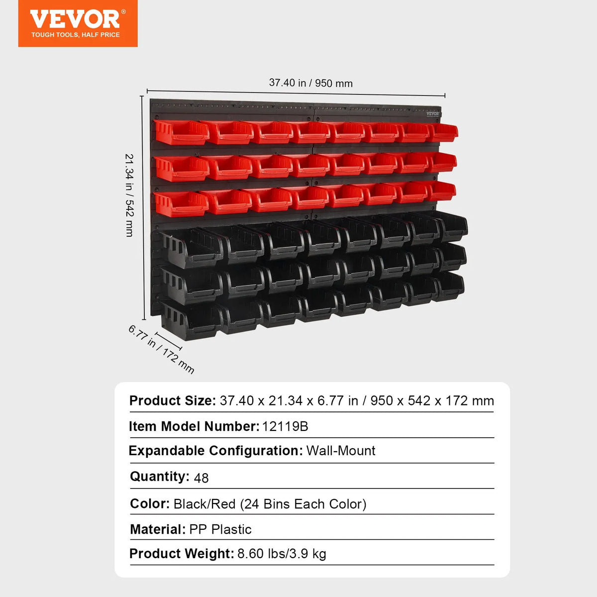 VEVOR Wall-Mounted Storage Bin Organiser with 48 Containers, Plastic Parts Rack with Wall Panels for Workshop and Garage, Suitable for Screws, Nuts, Nails, Buttons, Beads and Other Small Parts, Black/Red