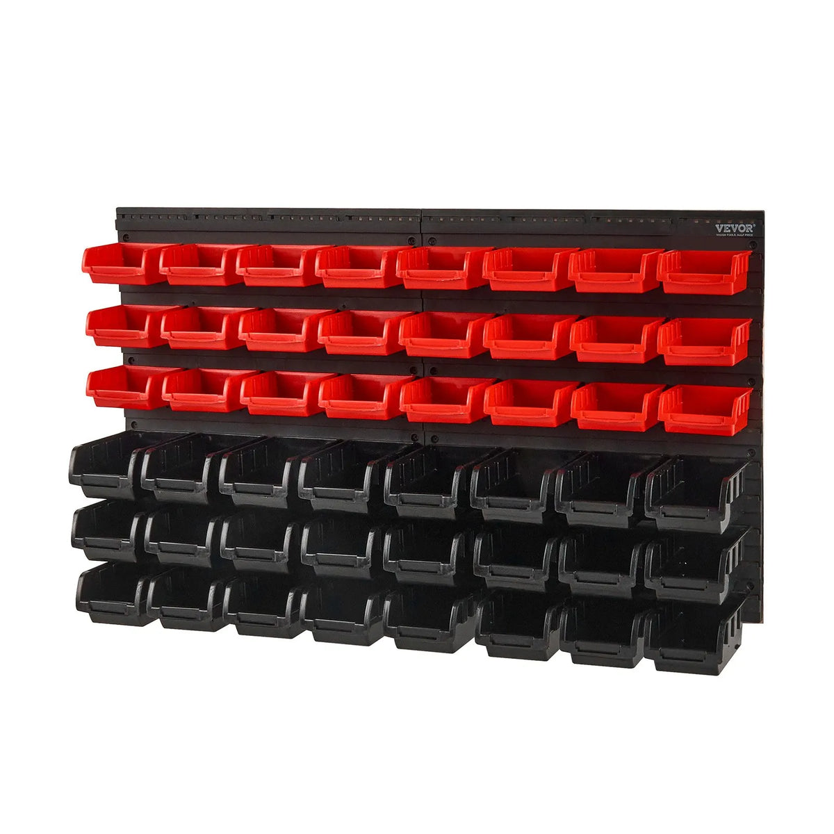VEVOR Wall-Mounted Storage Bin Organiser with 48 Containers, Plastic Parts Rack with Wall Panels for Workshop and Garage, Suitable for Screws, Nuts, Nails, Buttons, Beads and Other Small Parts, Black/Red