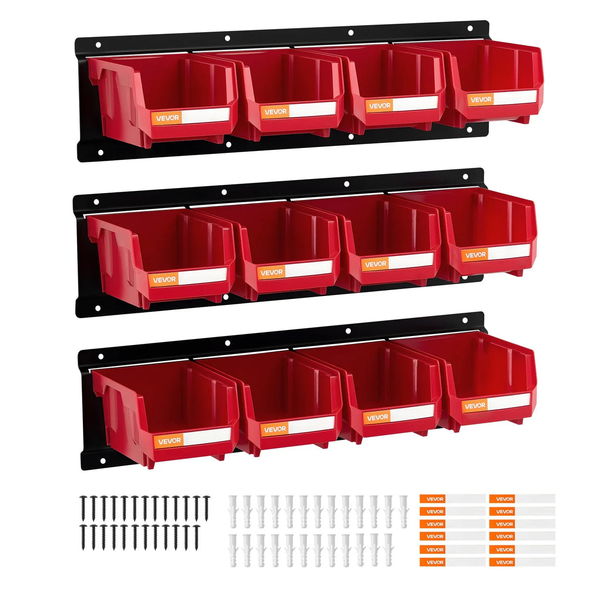 VEVOR Wall-Mounted Storage Box Set, 12 Plastic Boxes and 3 Metal Rails, Hanging and Stackable Boxes for Screws, Bolts, Nails and Equipment, Workshop and Garage, Red