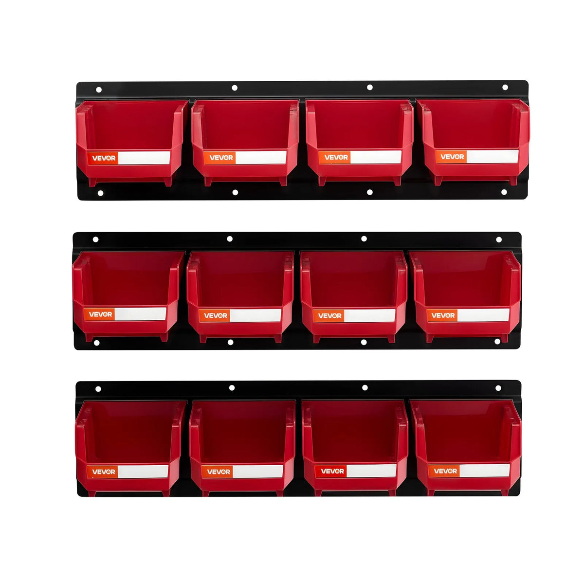 VEVOR Wall-Mounted Storage Box Set, 12 Plastic Boxes and 3 Metal Rails, Hanging and Stackable Boxes for Screws, Bolts, Nails and Equipment, Workshop and Garage, Red