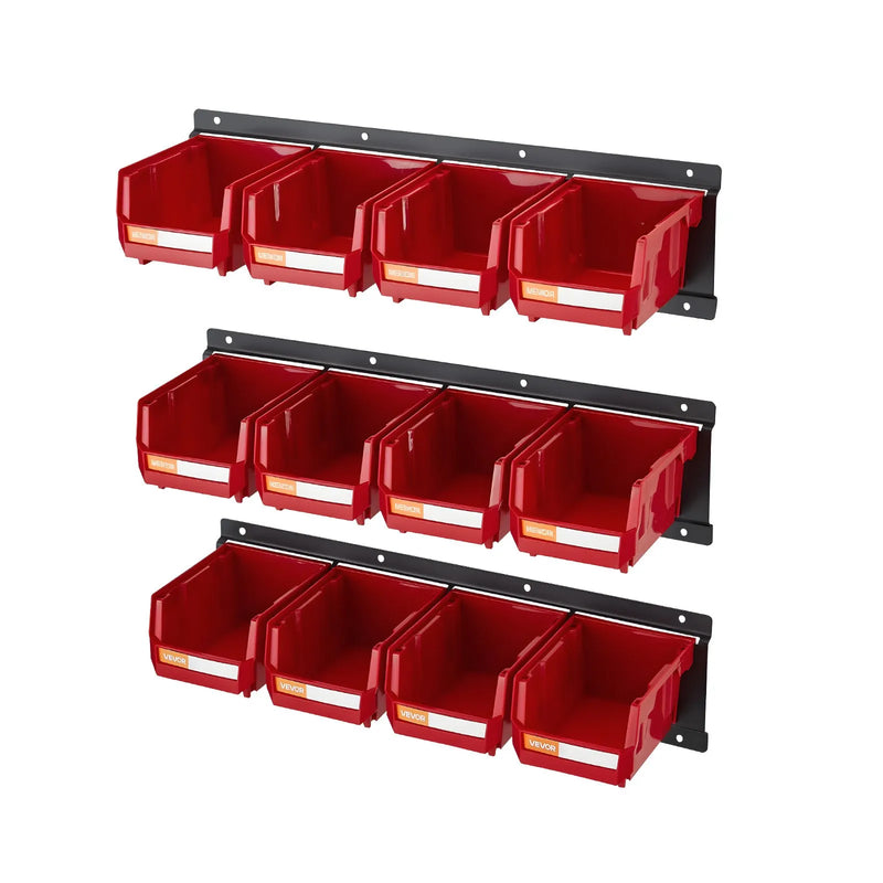 VEVOR sienas stiprināmo uzglabāšanas kastīšu komplekts, 12 plastmasas kastītes un 3 metāla sliedes, piekaramās un sakraujamās kastītes skrūvēm, uzgriežņiem, naglām un aprīkojumam, darbnīcai un garāžai, sarkans